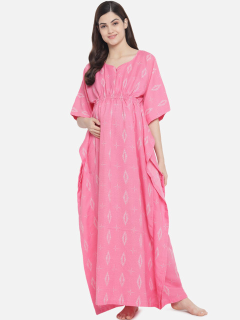 

Aujjessa Women Pink & White Printed Maternity Feeding Kaftan Nightdress