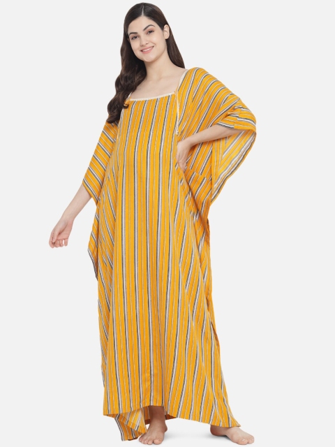 

Aujjessa Women Mustard Yellow & Green Striped Maternity Feeding Kaftan Nightdress