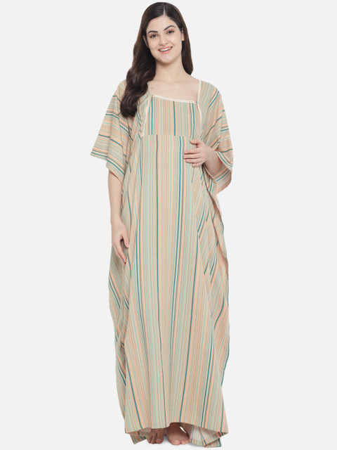

Aujjessa Beige Striped Maternity Kaftan Maxi Dress