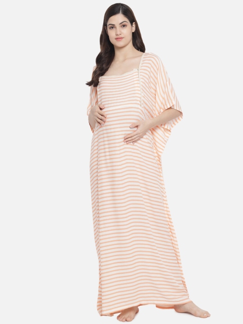 

Aujjessa Cream-Coloured & Orange Striped Maternity Kaftan Maxi Dress
