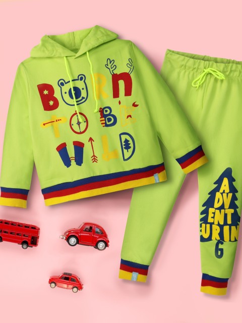 

You Got Plan B Kids Green & Red Printed Pure Cotton Hooded Tracksuit