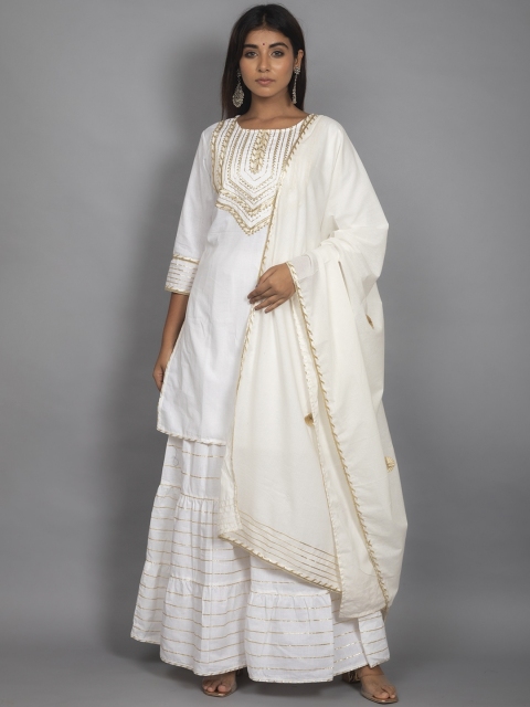 

PNEHA Women White Regular Pure Cotton Kurta with Sharara & With Dupatta