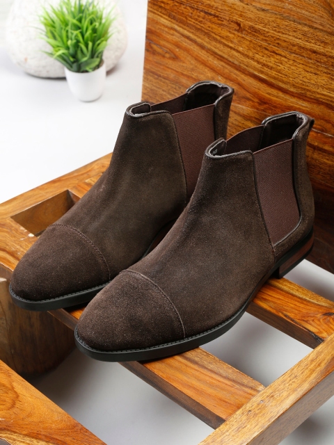 

Teakwood Leathers Men Brown Solid Suede Mid Top Slip-on Chelsea Boots