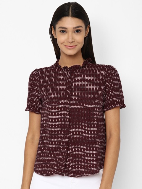 

Allen Solly Woman Maroon Geometric Shirt Style Top