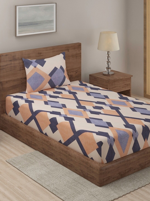 

TAG 7 Beige & Blue Geometric 210 TC Single Bedsheet with 1 Pillow Covers