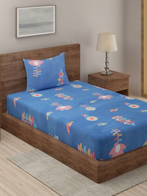 

TAG 7 Blue Floral 210 TC Single Bedsheet with 1 Pillow Covers