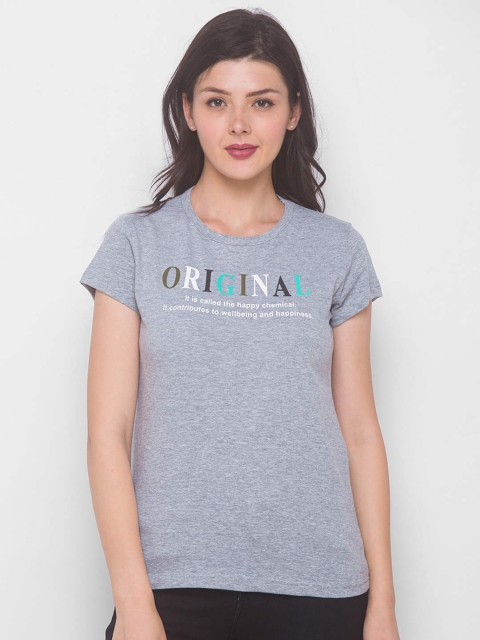 

ZOLA Women Grey Typography Printed Cotton T-shirt