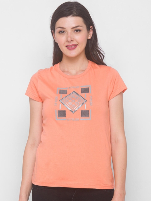 

ZOLA Women Peach-Coloured Printed Applique T-shirt