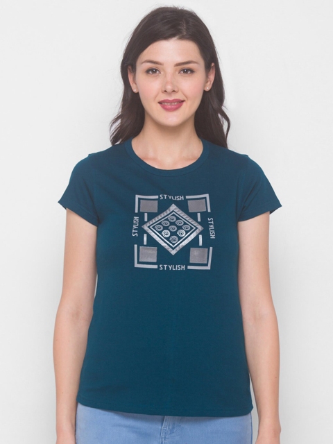 

ZOLA Women Teal Blue Printed Cotton T-shirt