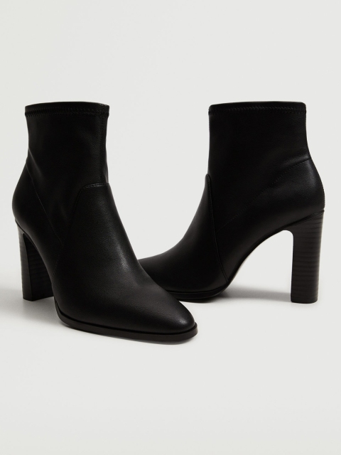

MANGO Black Solid Mid-Top Block Heeled Boots