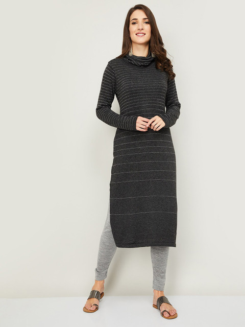 

Colour Me by Melange Charcoal Grey Cowl Neck Striped Acrylic Tunic