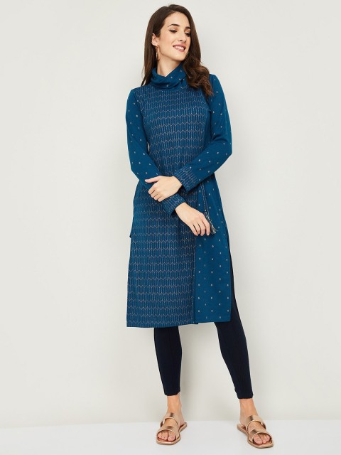 

Colour Me by Melange Blue & Gold-Toned High Neck Printed Acrylic Tunic