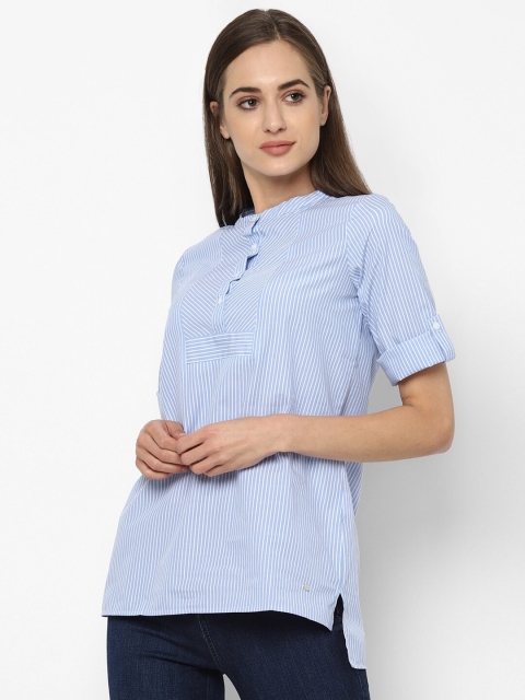 

Allen Solly Woman Blue Linen Mandarin Collar Striped Tunic