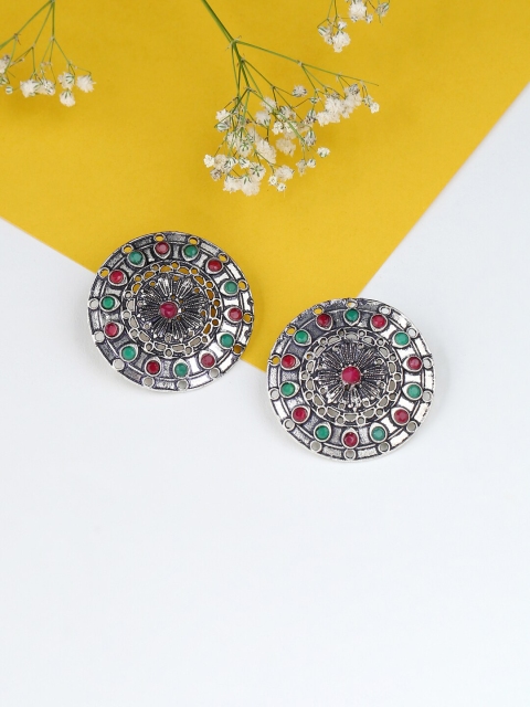 

VIRAASI Silver-Toned Oxidised & Red Circular Studs Earrings