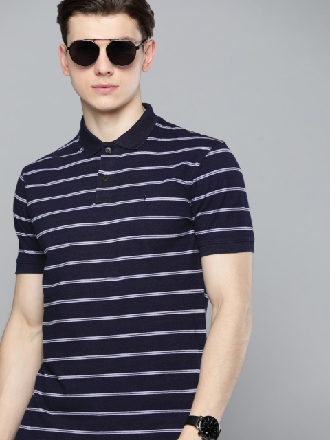 

Indian Terrain Men Navy Blue & White Pure Cotton Striped Polo Collar T-shirt
