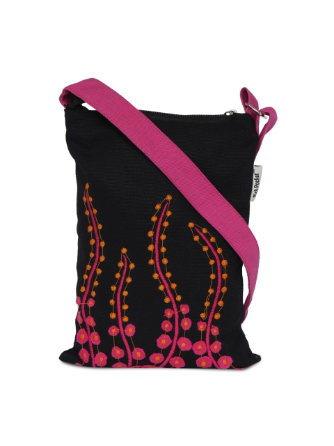 

Pick Pocket Black & Pink Embroidered Sling Bag