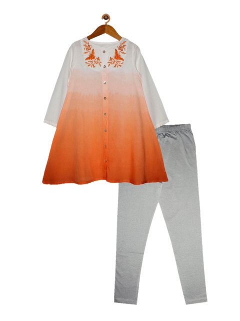 

KiddoPanti Girls Orange & Grey Floral Embroidered Regular Kurti with Trousers