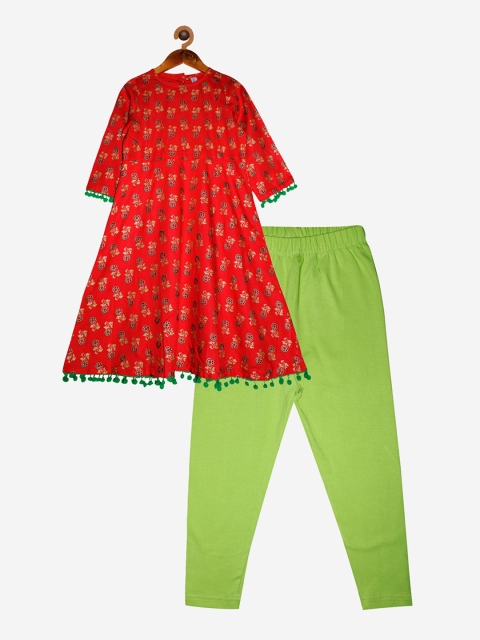 

KiddoPanti Girls Orange & Green Floral Printed Empire Kurta with Trousers