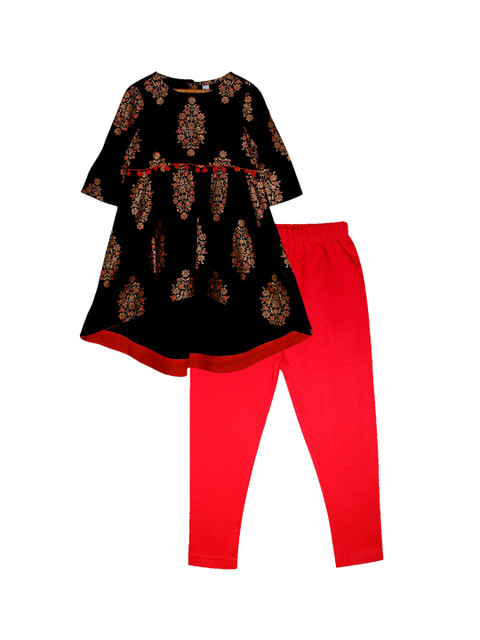 

KiddoPanti Girls Black Floral Printed Empire Kurti with Churidar