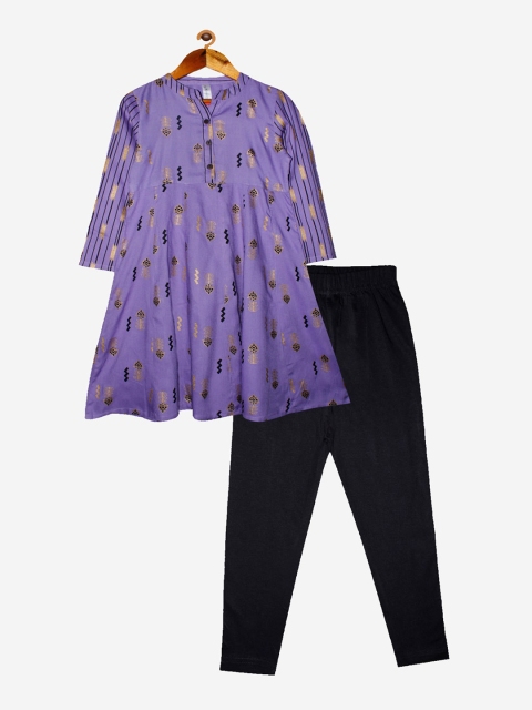 

KiddoPanti Girls Purple & Black Printed Regular Kurta with Trousers