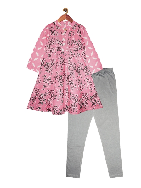 

KiddoPanti Girls Pink Floral Printed Regular Kurta with Pyjamas