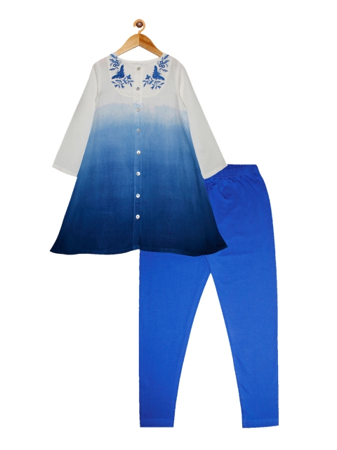

KiddoPanti Girls Blue & Grey Floral Embroidered Regular Kurti with Leggings