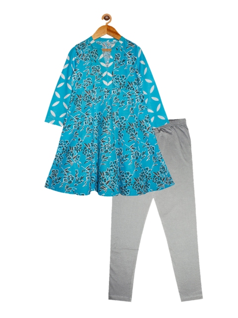 

KiddoPanti Girls Blue Floral Printed Gotta Patti Kurta with Churidar