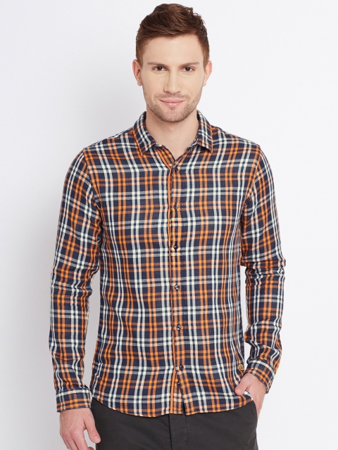

United Colors of Benetton Men Navy & Orange Checked Casual Shirt, Navy blue