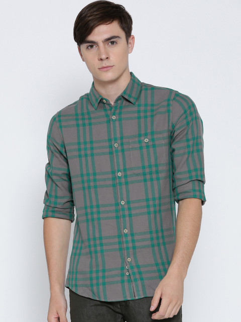 

United Colors of Benetton Men Taupe & Green Checked Casual Shirt