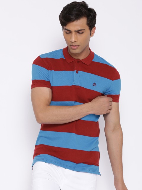 

United Colors of Benetton Men Maroon & Blue Striped Polo Collar T-Shirt
