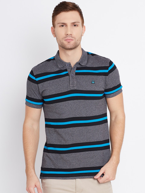 

United Colors of Benetton Men Charcoal Grey Striped Polo Collar T-Shirt