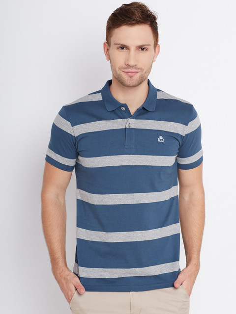 

United Colors of Benetton Men Blue & Grey Striped Polo Collar T-Shirt