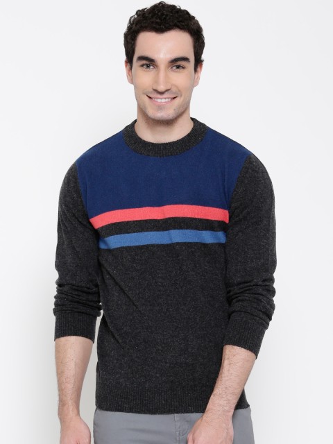 

United Colors of Benetton Men Charcoal Grey Striped Sweater