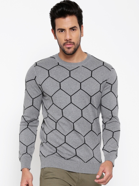 

United Colors of Benetton Men Grey Melange Honeycomb Patterned Sweater