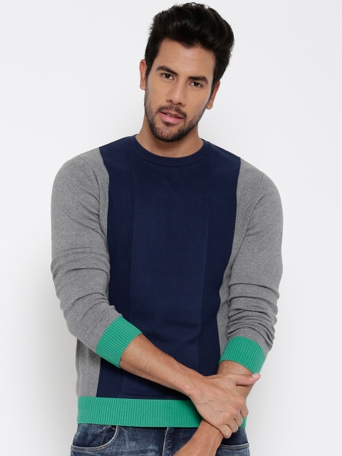 

United Colors of Benetton Men Navy Colourblocked Sweater, Navy blue