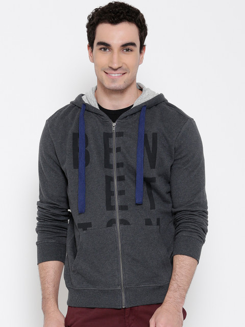 

United Colors of Benetton Charcoal Grey Printed Hooded Sweatshirt