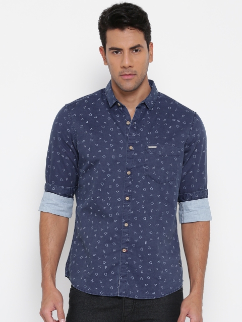 

Indigo Nation Street Men Navy Blue Slim Fit Printed Chambray Shirt