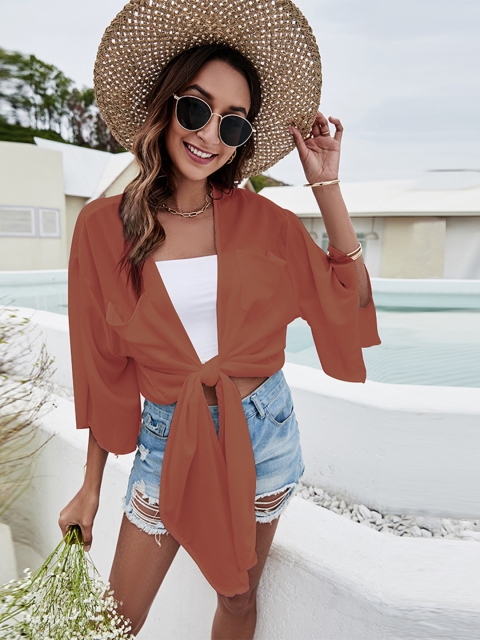 

URBANIC Women Brown Solid Relaxed Fit Lace Up Placket Top