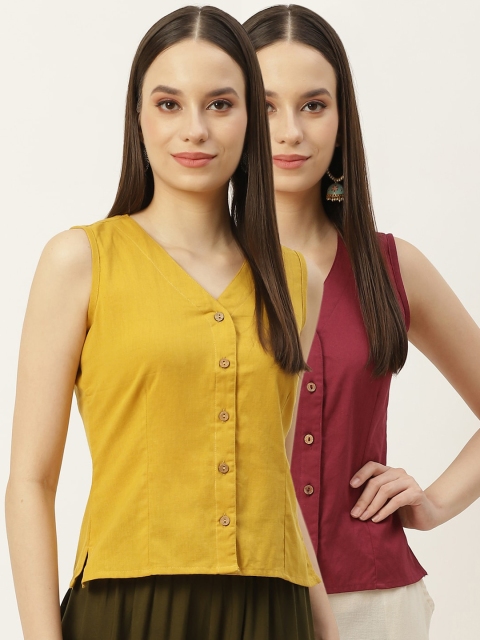 

Molcha Women Pack Of 2 Maroon & Yellow Solid Cotton Long Saree Blouse