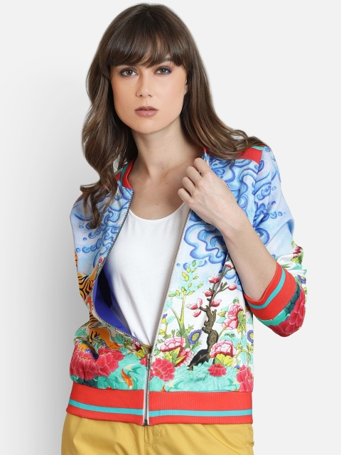 

SHAYE Women Blue Green Floral Bomber Jacket