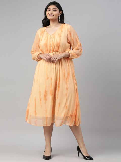 

The Pink Moon Orange Floral Chiffon A-Line Midi Dress