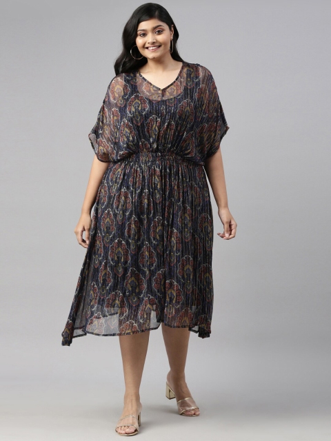 

The Pink Moon Navy Blue & Orange Ethnic Motifs Chiffon A-Line Midi Dress