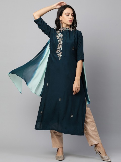 

FASHOR Women Teal Flared Sleeves Thread Work Kurta