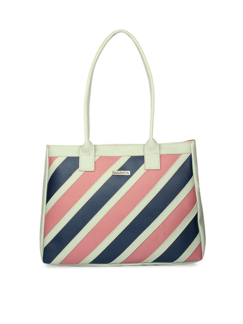 

MAMMON Sea Green Striped PU Shopper Handheld Bag with Applique