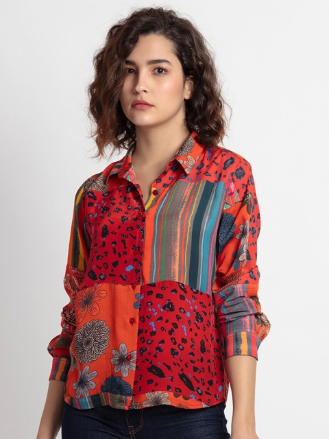 

SHAYE Women Red Opaque Printed Modal Satin Casual Shirt