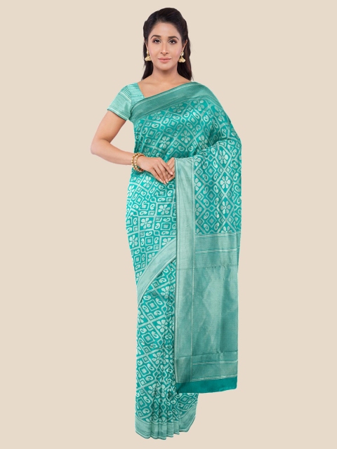 

KLM Fashion Mall Teal & Silver-Toned Woven Design Zari Silk Blend Banarasi Saree