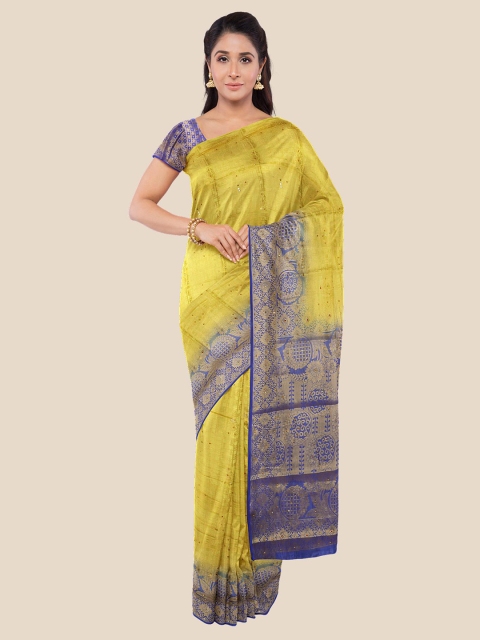 

KLM Fashion Mall Yellow & Blue Ethnic Motifs Zari Silk Blend Banarasi Saree