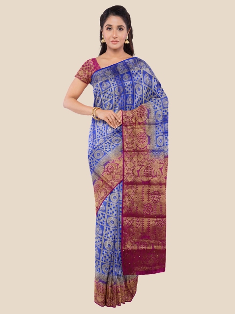

KLM Fashion Mall Navy Blue & Maroon Woven Design Silk Blend Banarasi Saree
