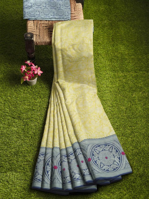 

KLM Fashion Mall Yellow & Grey Floral Zari Silk Blend Banarasi Saree