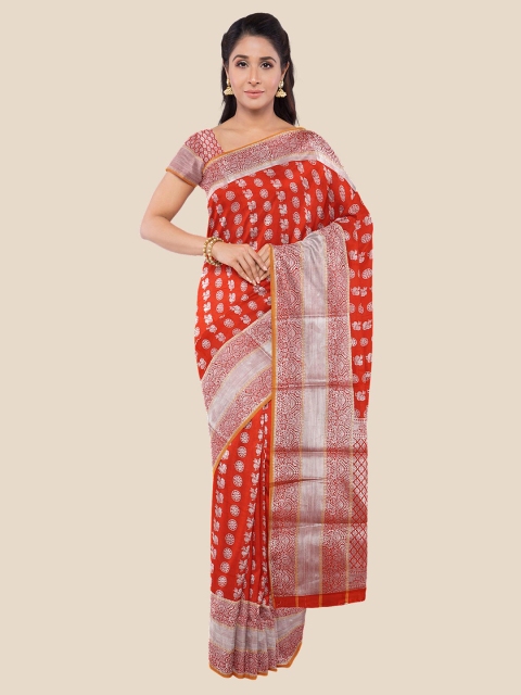 

KLM Fashion Mall Red & Silver-Toned Woven Design Zari Silk Blend Banarasi Saree